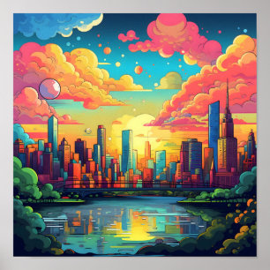 Poster Ville de dessin coloré au coucher du soleil