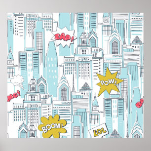 Poster Ville de la bande dessinée : motif vintage