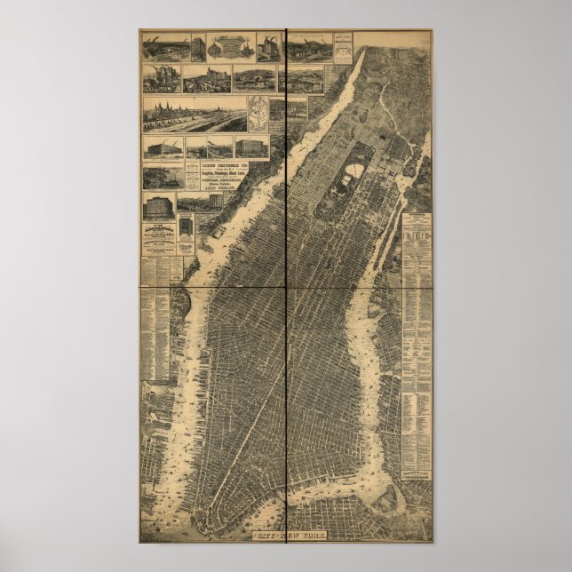 Poster Ville de New York 1879 Antique carte panoramique (Devant)