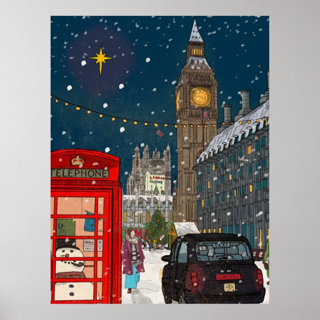Poster Ville de Noël de Londres d'inspiration rétro (Devant)