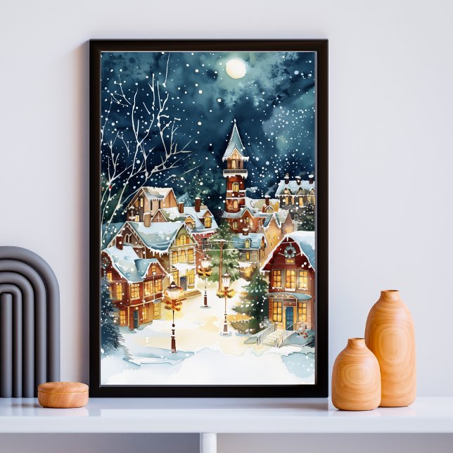 Poster Ville de Noël illustrative dans la neige (Créateur téléchargé)