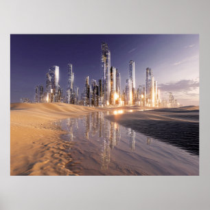 Poster Ville de science-fiction futuriste reflétée dans l