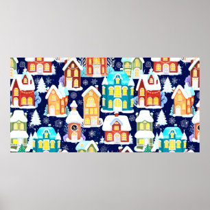 Poster Ville d'hiver avec maisons victoriennes. Thème de 