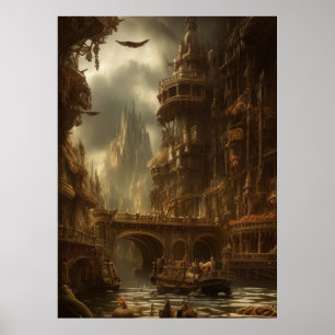 Poster Ville fantastique la rivière le pont les bâtiments