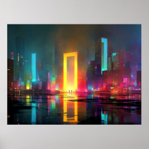 Poster Ville futuriste avec portail néon radieux
