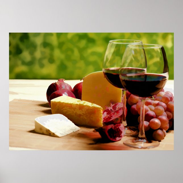 Poster Vin de campagne, fromage et fruits (Devant)