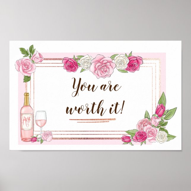 Poster Vin Rose Floral Vin rose Or cadre avec devis (Devant)
