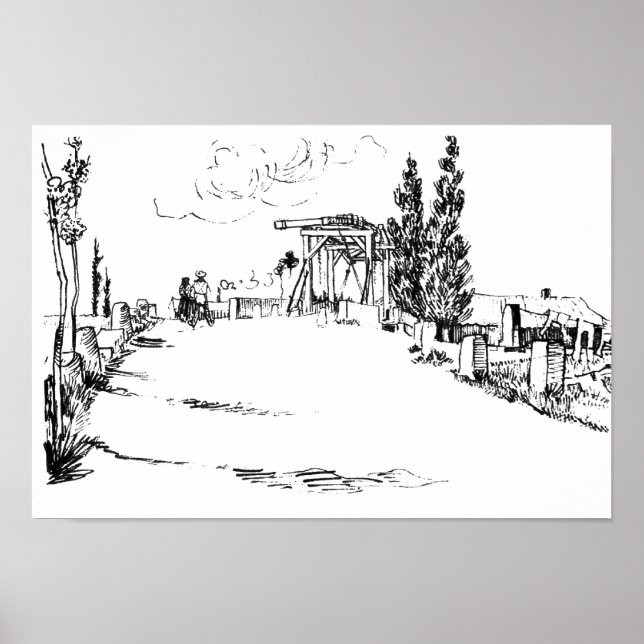 Poster Vincent van Gogh Drawbridge à Arles Drawing (Devant)