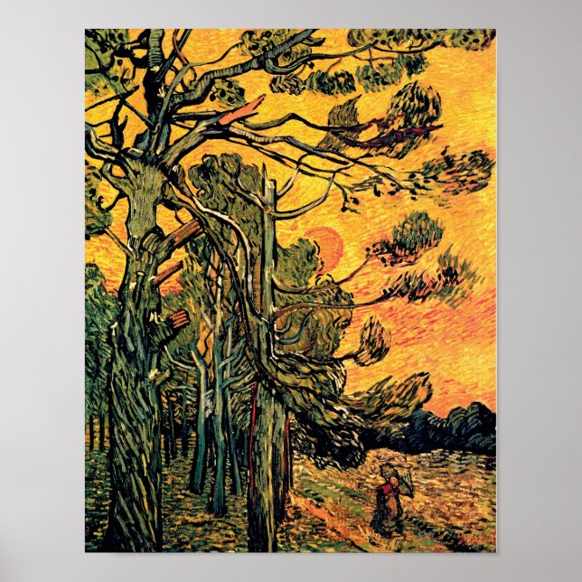 Poster Vincent Van Gogh - Pins Arbres Contre Un Ciel Roug (Devant)