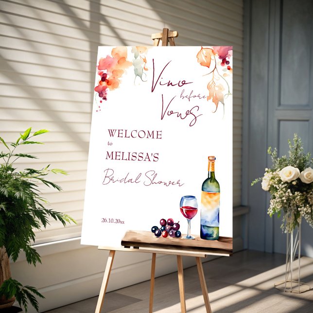 Poster Vino avant voeux vin nuptiale douche bienvenue (Vino before vows winery bridal shower welcome sign poster template wine bridal shower entrance decor)