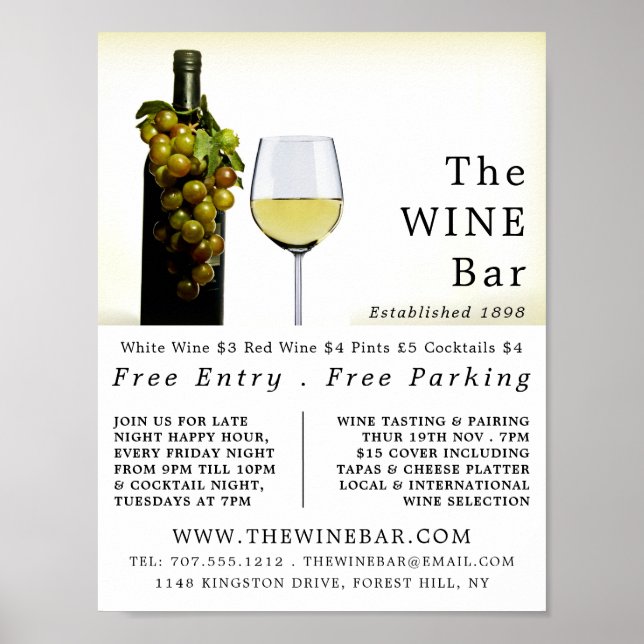 Poster Vins et raisins blancs, Bar à vin / Vaisseau Publi (Devant)