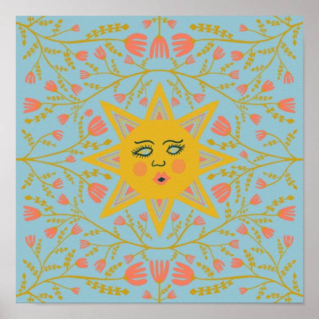 Poster Vins soleil et fleurs Motif bleu (Devant)