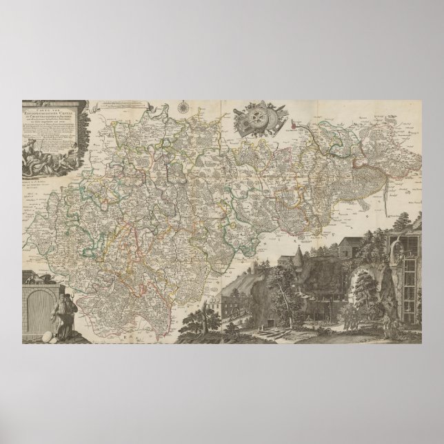 Poster Vintage 1757 Map of Germany, Historical German (Devant)