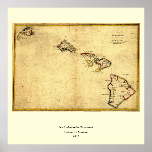 Poster Vintage 1837 Hawaii Map - Hawaiian (Devant)