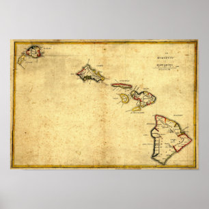Poster Vintage 1837 Hawaii Map - Hawaiian