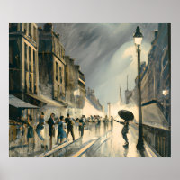 Vintage 1920 Heavy Storm Rain Paris Peinture à l'h