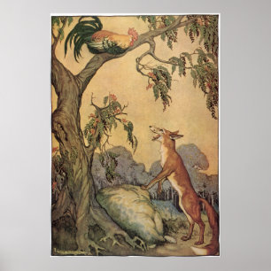Poster Vintage Aesop's Fables, Fox, Rooster et le Chien