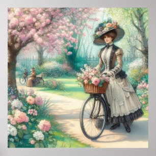 Poster Vintage anglais Victorian Lady sur vélo dans le pa
