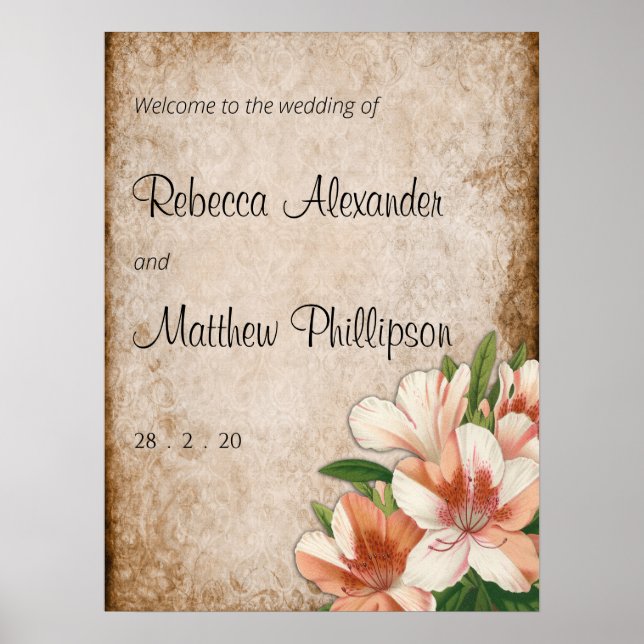 Poster Vintage Apricot Lys Mariage Bienvenue (Devant)