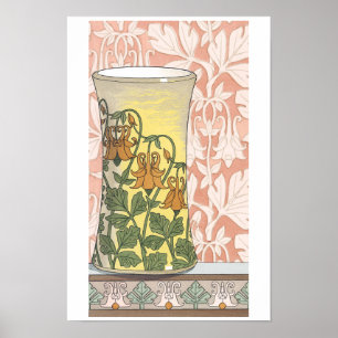 Poster Vintage Art Nouveau, Vase with Columbine Flowers
