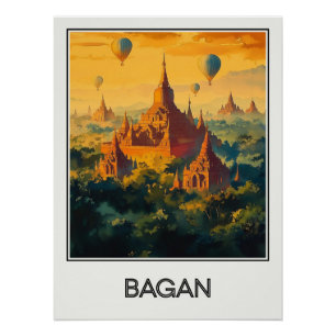 Poster vintage Bagan, temples and hot air balloons
