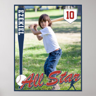 Poster Vintage Baseball Rouge et Marine Bleu Photo Annive