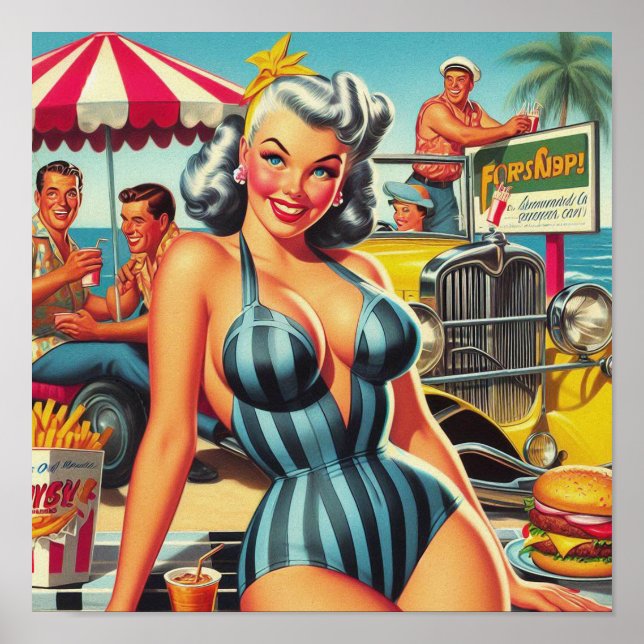 Poster Vintage Beach Pin-up (Devant)