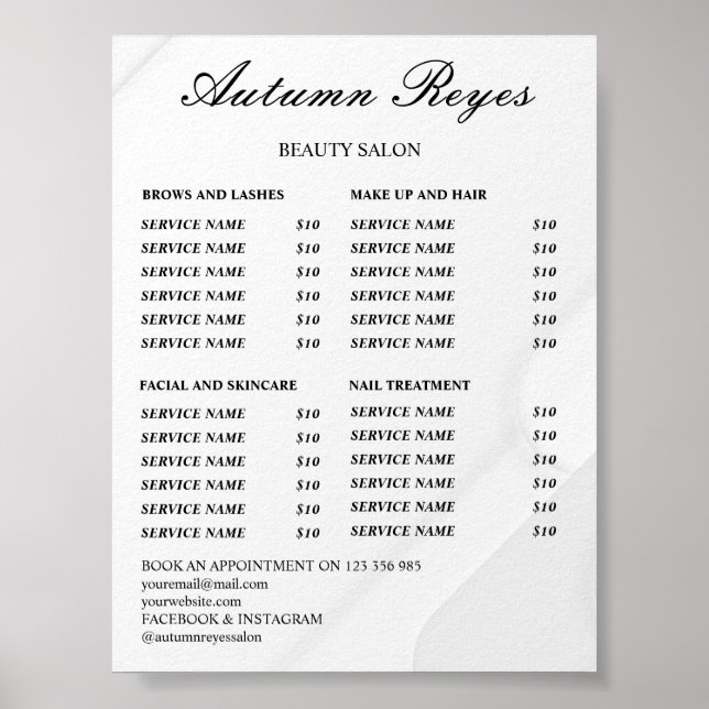 Poster Vintage Beauty Salon Price List (Devant)