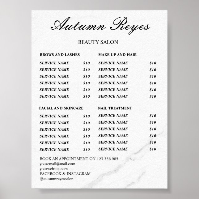 Poster Vintage Beauty Salon Price List (Devant)