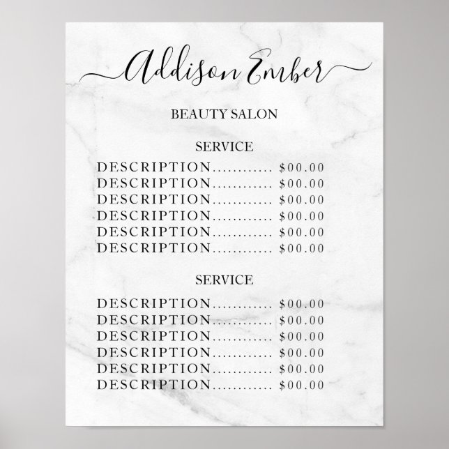 Poster Vintage Beauty Salon Price List (Devant)