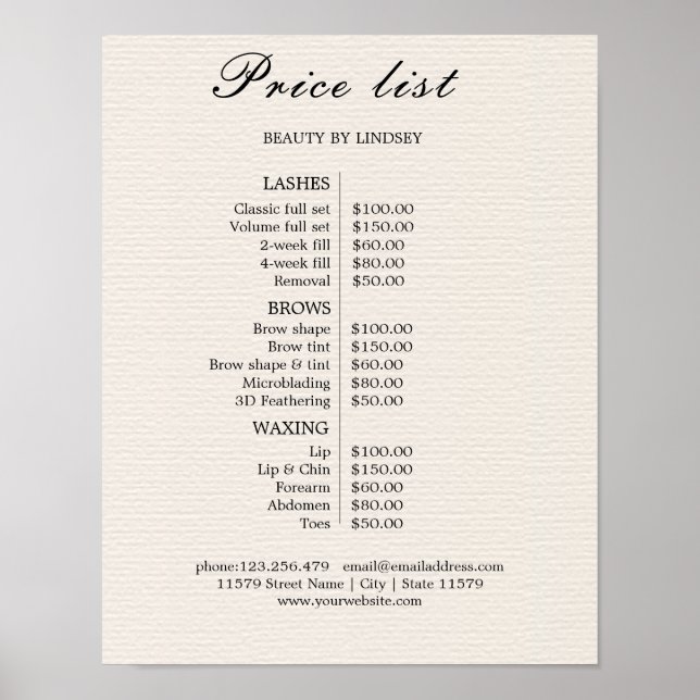 Poster Vintage Beauty Salon Price List (Devant)