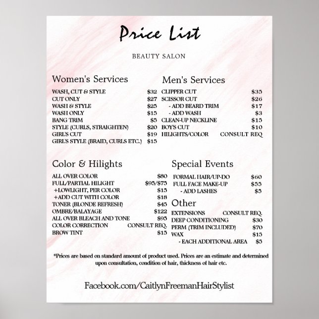 Poster Vintage Beauty Salon Price List (Devant)