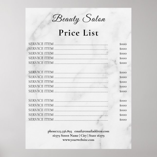 Poster Vintage Beauty Salon Price List (Devant)