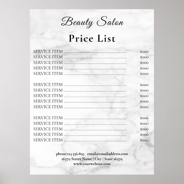 Poster Vintage Beauty Salon Price List (Devant)