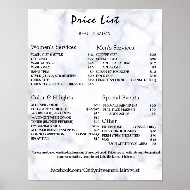 Poster Vintage Beauty Salon Price List (Devant)