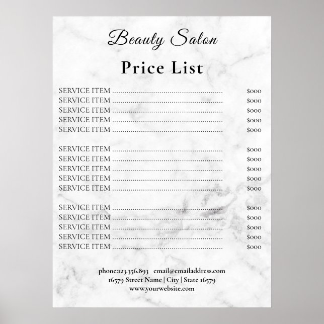 Poster Vintage Beauty Salon Price List (Devant)