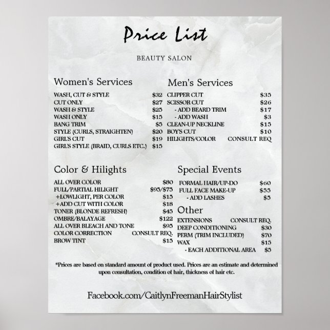 Poster Vintage Beauty Salon Price List (Devant)