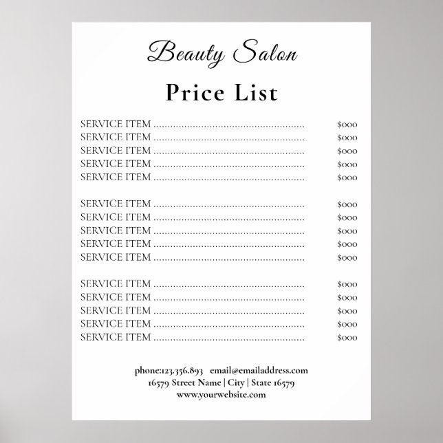 Poster Vintage Beauty Salon Price List (Devant)