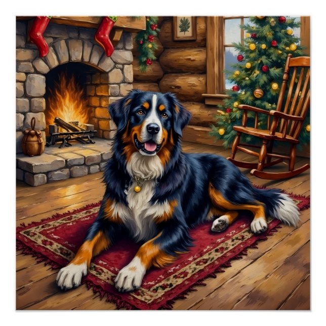 Poster Vintage Bernese Mountain Dog Cozy Christmas Cabin  (Devant)