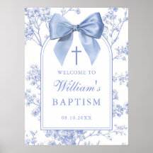 Vintage Blue Bow Floral Baptism Welcome Sign