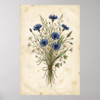 Poster Vintage Blue Cornflower Wildflower Bouquet