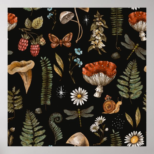 Poster Vintage bois nature motif sans couture. Amanita (Devant)