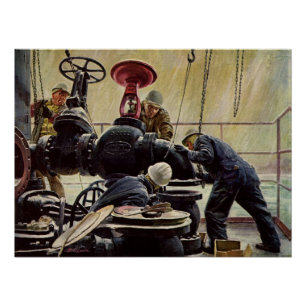 Poster Vintage Business, plateforme pétrolière sur l'océa