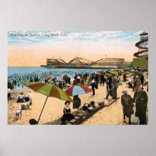 Poster Vintage c 1910 Plage scène Long Beach CA
