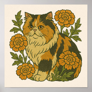 Poster Vintage Calico Kitty Chat Marigold Fleurs