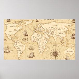 Poster Vintage carte du monde antique avec frontières pay