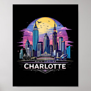 Poster Vintage Charlotte North Carolina Sunset Skyline Ci