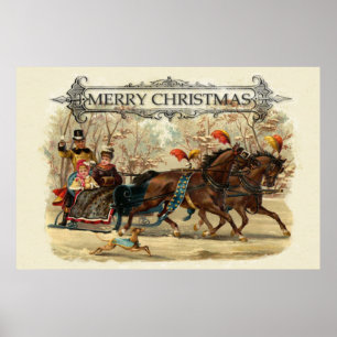 Poster Vintage chevaux de Noël vacances d'hiver plaisir
