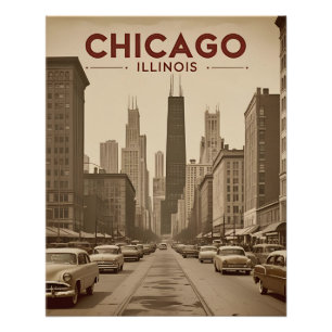 Poster Vintage Chicago Illinois City Skyline Retro Travel
