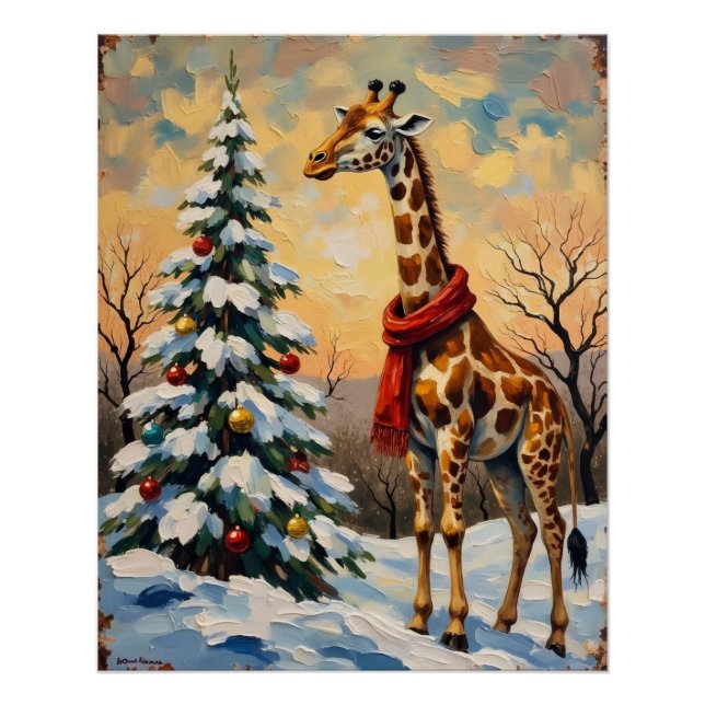 Poster Vintage Christmas Giraffe in Snowy Savanna (Devant)